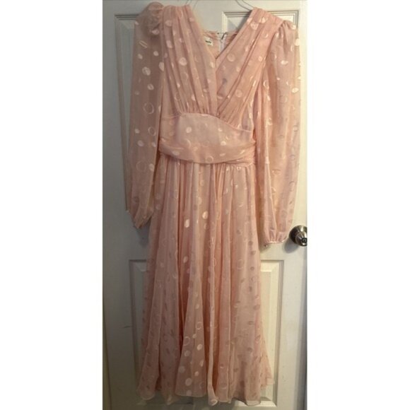 Vintage 80s Rimini Pink Long Sleeve Flowy Dress Prom Glam Chiffon - Picture 1 of 7